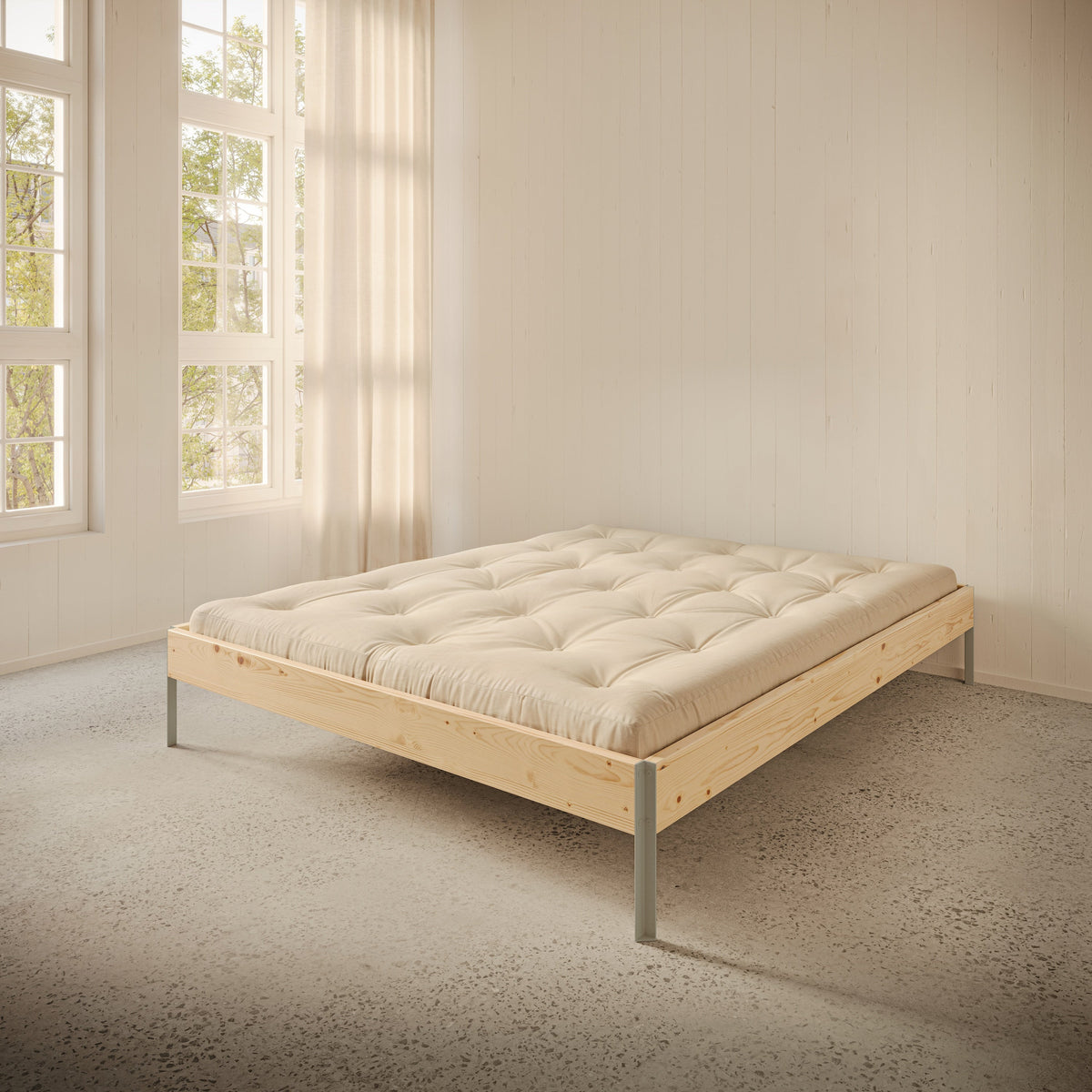 Postel CORE 160 x 200, rám 100 Raw Pine / 410 Sage Green v ložnici