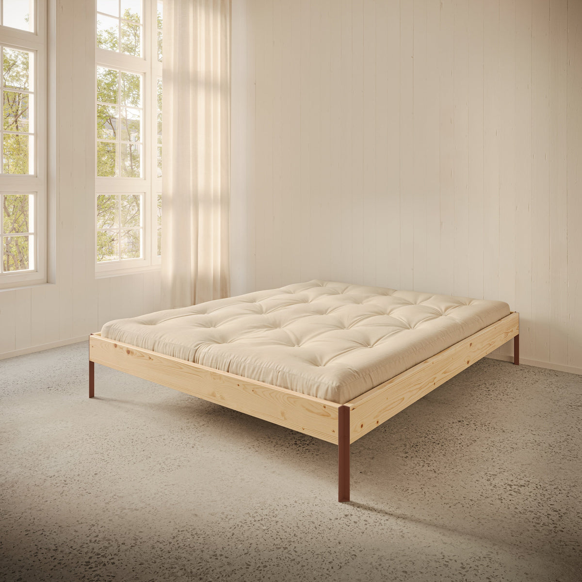 Postel CORE 160 x 200, rám 100 Raw Pine / 408 Terra Red v ložnici